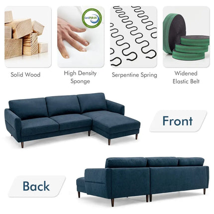 L-Shaped Fabric Sectional Sofa with Chaise Lounge and Solid Wood Legs-Navy - Navy - Sofas & Loveseats