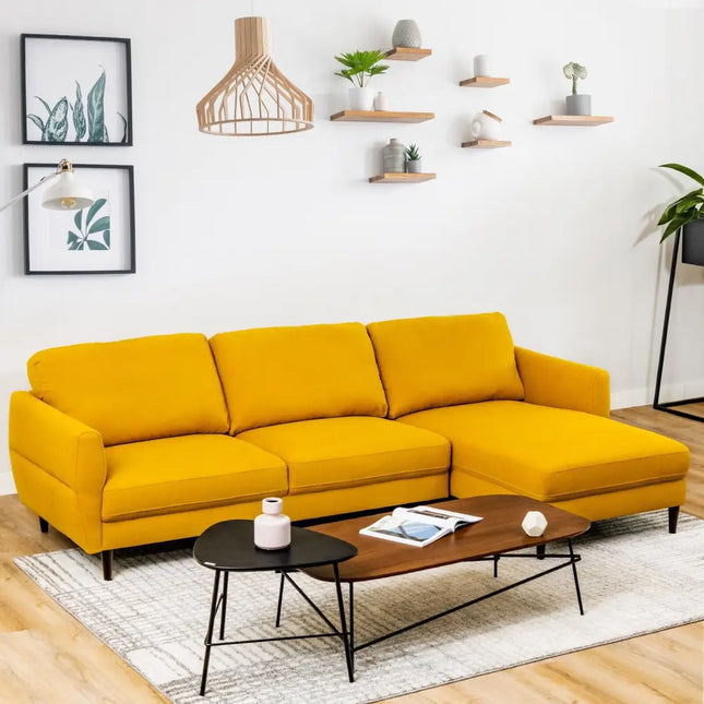 L-Shaped Fabric Sectional Sofa with Chaise Lounge and Solid Wood Legs-Yellow - Yellow - Sofas & Loveseats
