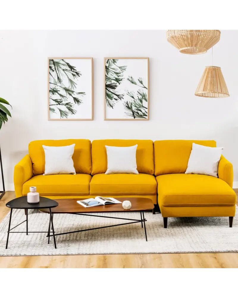 L-Shaped Fabric Sectional Sofa with Chaise Lounge and Solid Wood Legs-Yellow - Yellow - Sofas & Loveseats