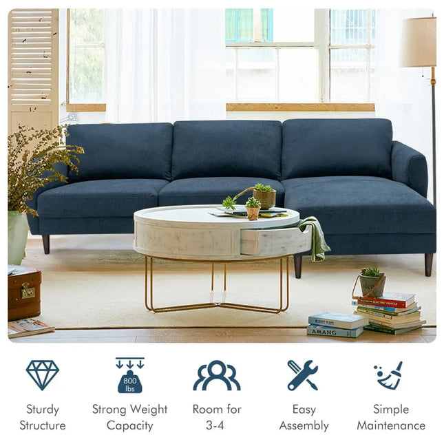 L-Shaped Fabric Sectional Sofa with Chaise Lounge and Solid Wood Legs-Navy - Navy - Sofas & Loveseats