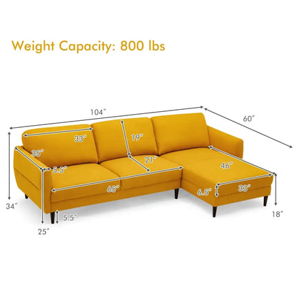 L-Shaped Fabric Sectional Sofa with Chaise Lounge and Solid Wood Legs-Yellow - Yellow - Sofas & Loveseats