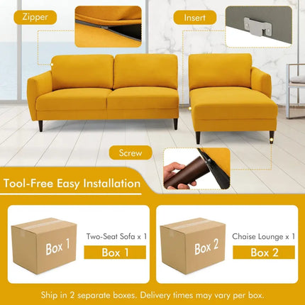 L-Shaped Fabric Sectional Sofa with Chaise Lounge and Solid Wood Legs-Yellow - Yellow - Sofas & Loveseats