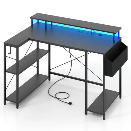 L-Shaped Gaming Desk with LED Lights and Power Outlets-Black - Black - Computer Desks
