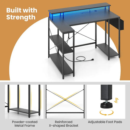 L-Shaped Gaming Desk with LED Lights and Power Outlets-Black - Black - Computer Desks