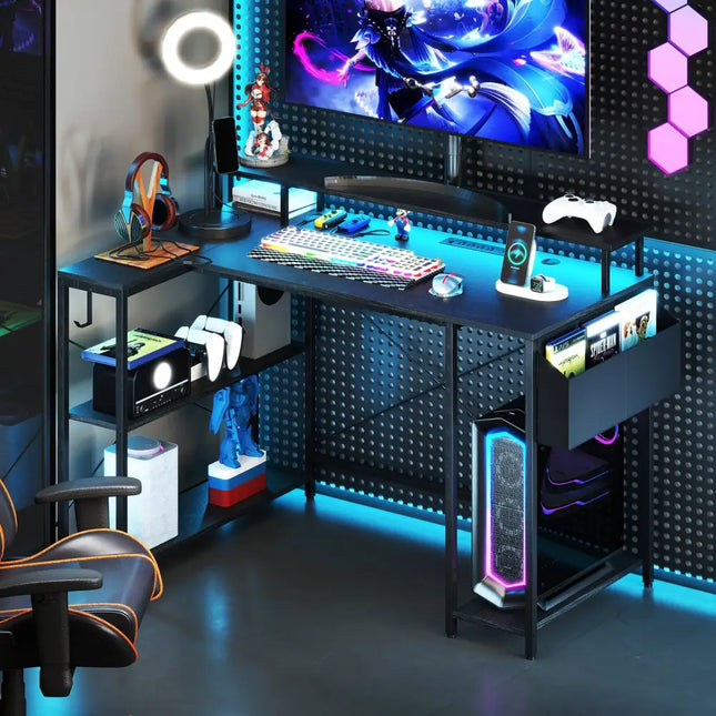 L-Shaped Gaming Desk with LED Lights and Power Outlets-Black - Black - Computer Desks