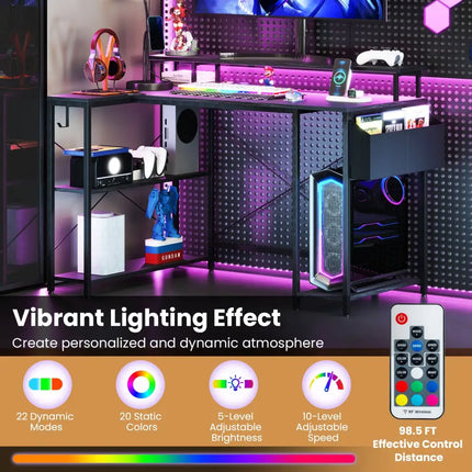 L-Shaped Gaming Desk with LED Lights and Power Outlets-Black - Black - Computer Desks