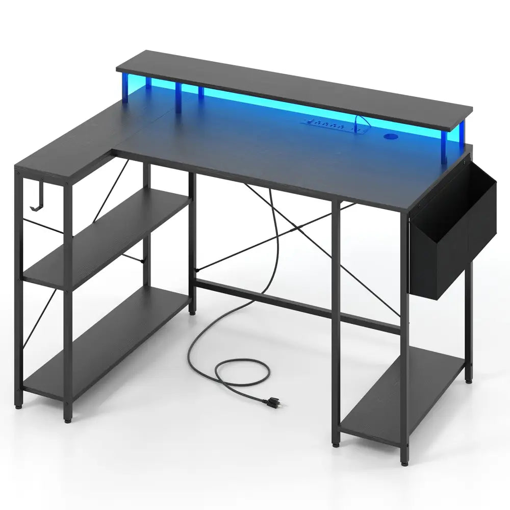 L-Shaped Gaming Desk with LED Lights and Power Outlets-Black - Black - Computer Desks