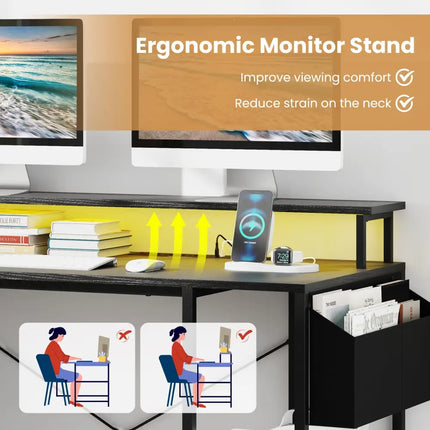 L-Shaped Gaming Desk with LED Lights and Power Outlets-Black - Black - Computer Desks