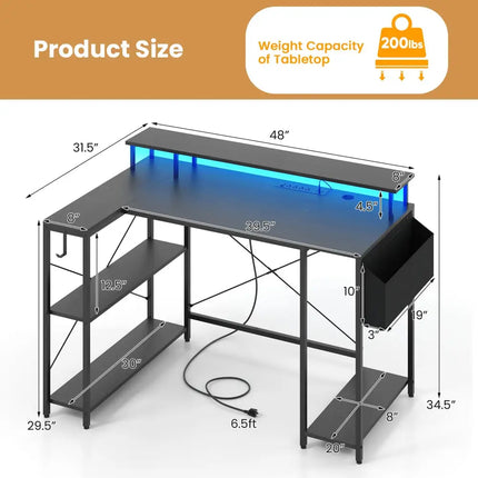 L-Shaped Gaming Desk with LED Lights and Power Outlets-Black - Black - Computer Desks