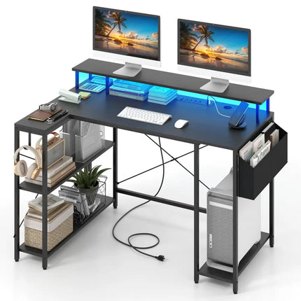 L-Shaped Gaming Desk with LED Lights and Power Outlets-Black - Black - Computer Desks