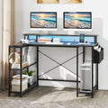 L-Shaped Gaming Desk with LED Lights and Power Outlets-Black - Black - Computer Desks