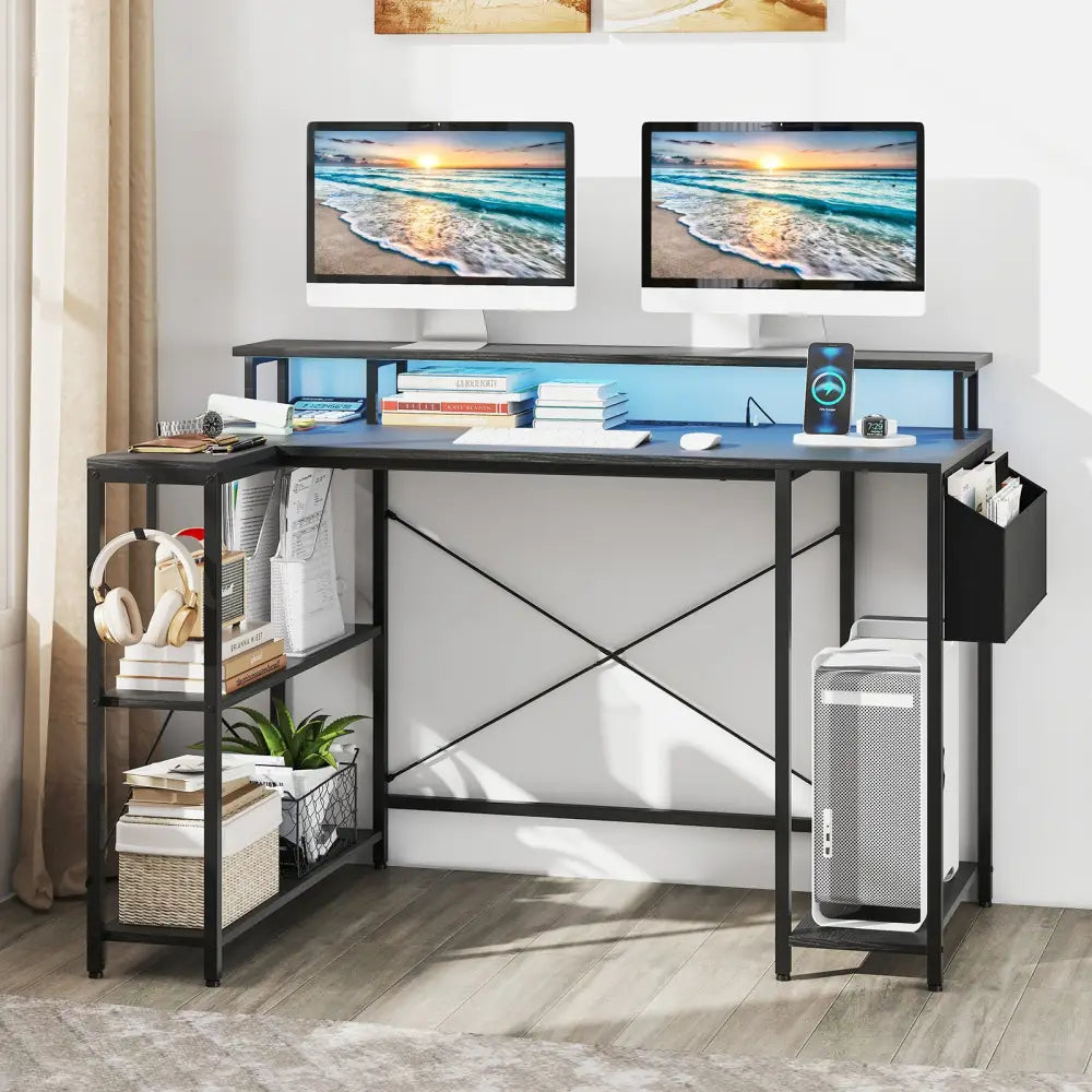 L-Shaped Gaming Desk with LED Lights and Power Outlets-Black - Black - Computer Desks