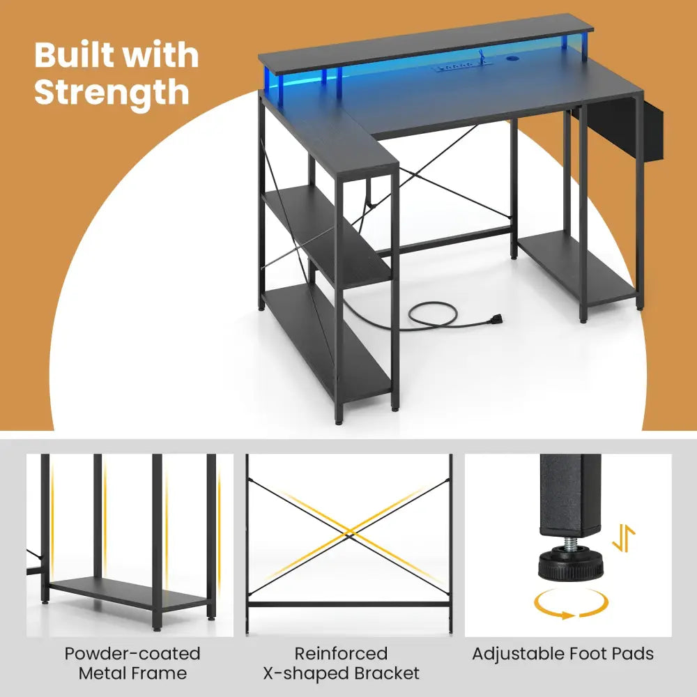 L-Shaped Gaming Desk with LED Lights and Power Outlets-Black - Black - Computer Desks