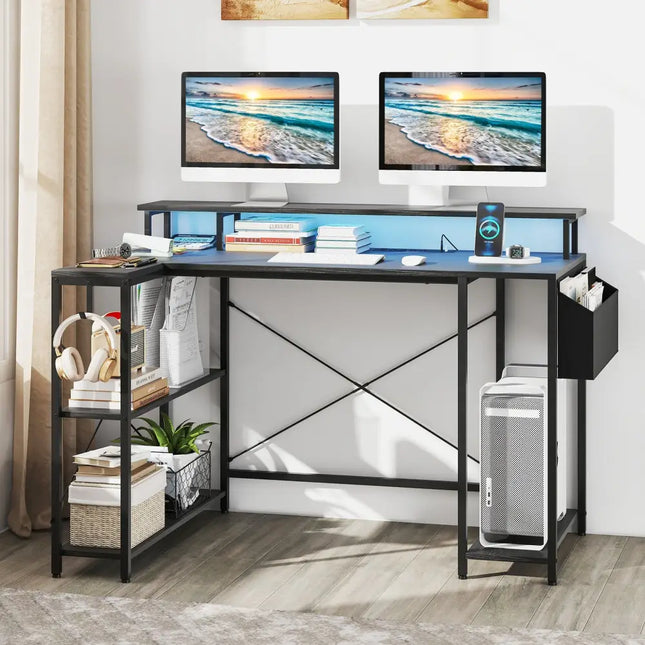 L-Shaped Gaming Desk with LED Lights and Power Outlets-Black - Black - Computer Desks