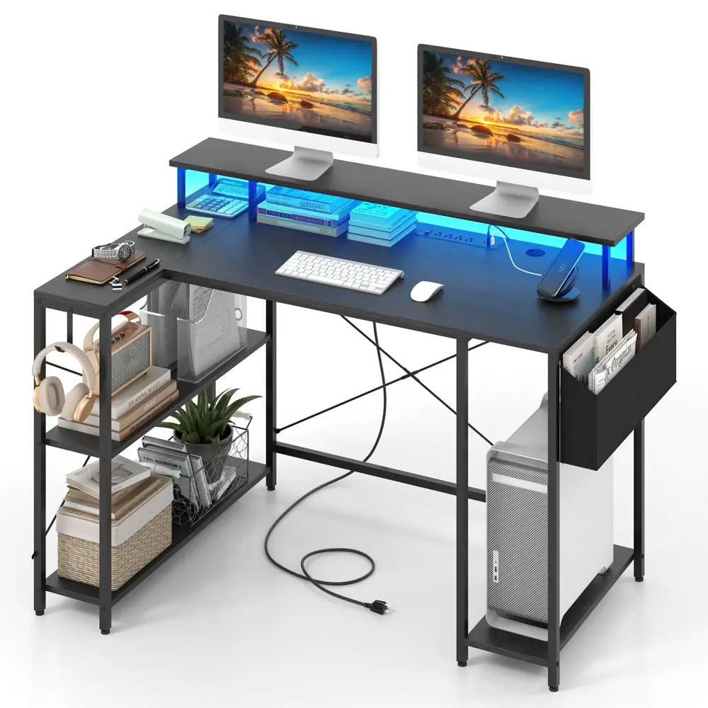 L-Shaped Gaming Desk with LED Lights and Power Outlets-Black - Black - Computer Desks