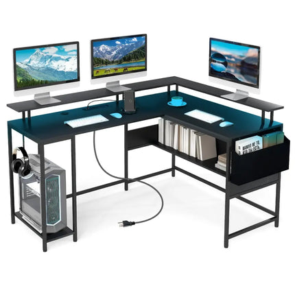 L-Shaped Gaming Desk with LED Lights and Power Outlets Home Office Computer Desk-Black - Black - L-Shaped Desks