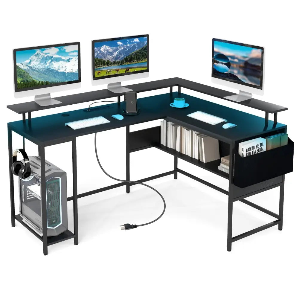 L-Shaped Gaming Desk with LED Lights and Power Outlets Home Office Computer Desk-Black - Black - L-Shaped Desks