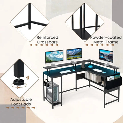 L-Shaped Gaming Desk with LED Lights and Power Outlets Home Office Computer Desk-Black - Black - L-Shaped Desks