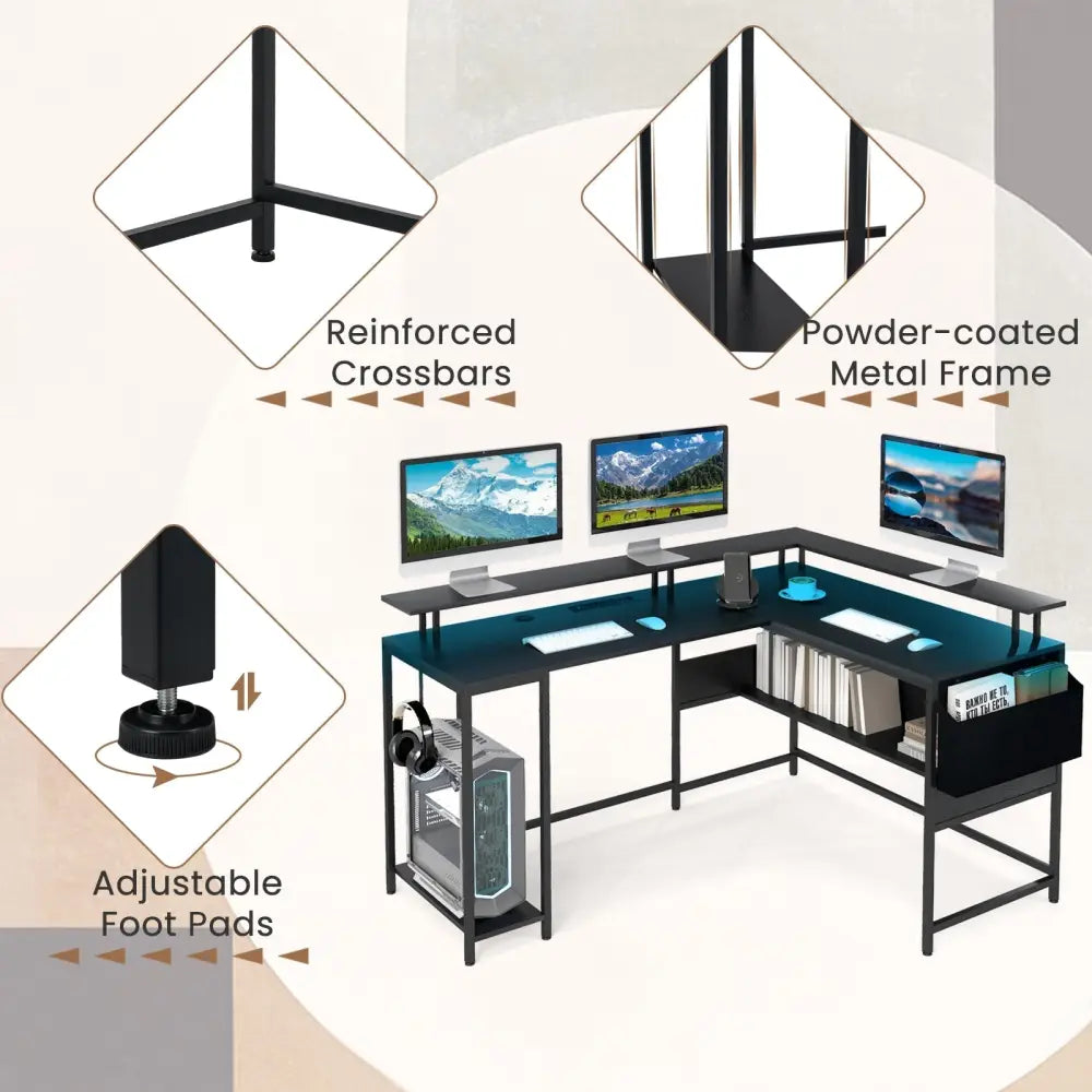 L-Shaped Gaming Desk with LED Lights and Power Outlets Home Office Computer Desk-Black - Black - L-Shaped Desks