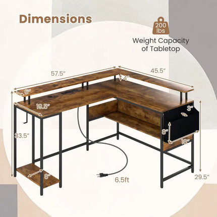 L-Shaped Gaming Desk with LED Lights and Power Outlets Home Office Computer Desk-Rustic Brown - Rustic Brown - L-Shaped