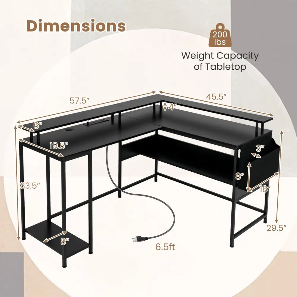 L-Shaped Gaming Desk with LED Lights and Power Outlets Home Office Computer Desk-Black - Black - L-Shaped Desks