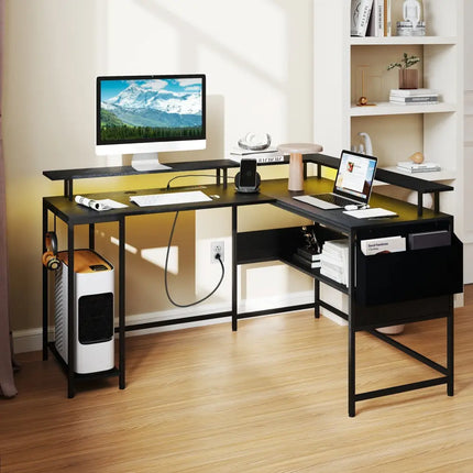 L-Shaped Gaming Desk with LED Lights and Power Outlets Home Office Computer Desk-Black - Black - L-Shaped Desks