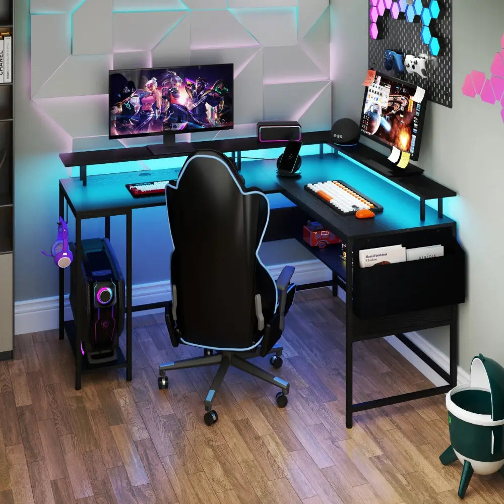 L-Shaped Gaming Desk with LED Lights and Power Outlets Home Office Computer Desk-Black - Black - L-Shaped Desks