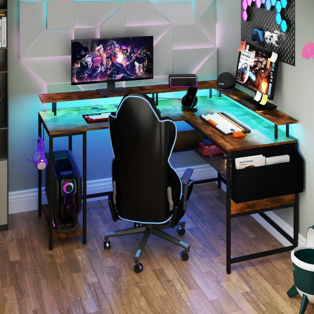 L-Shaped Gaming Desk with LED Lights and Power Outlets Home Office Computer Desk-Rustic Brown - Rustic Brown - L-Shaped