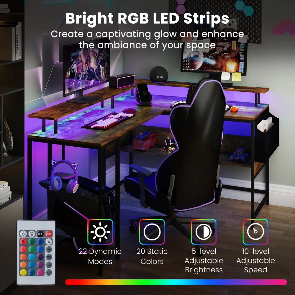 L-Shaped Gaming Desk with LED Lights and Power Outlets Home Office Computer Desk-Rustic Brown - Rustic Brown - L-Shaped