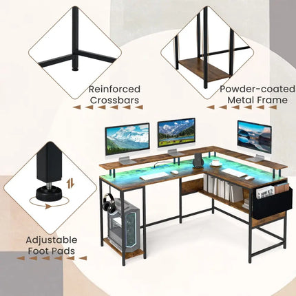 L-Shaped Gaming Desk with LED Lights and Power Outlets Home Office Computer Desk-Rustic Brown - Rustic Brown - L-Shaped