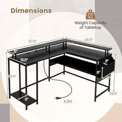 L-Shaped Gaming Desk with LED Lights and Power Outlets Home Office Computer Desk-Black - Black - L-Shaped Desks