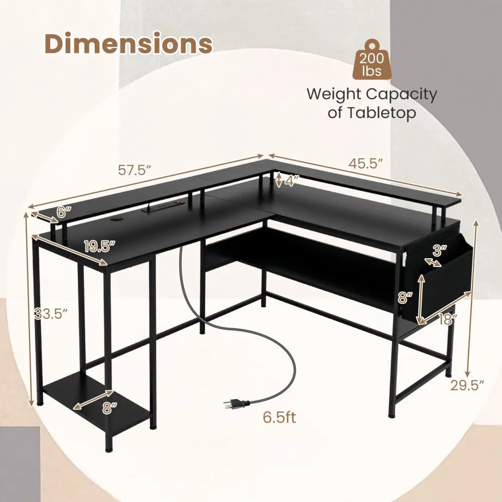 L-Shaped Gaming Desk with LED Lights and Power Outlets Home Office Computer Desk-Black - Black - L-Shaped Desks