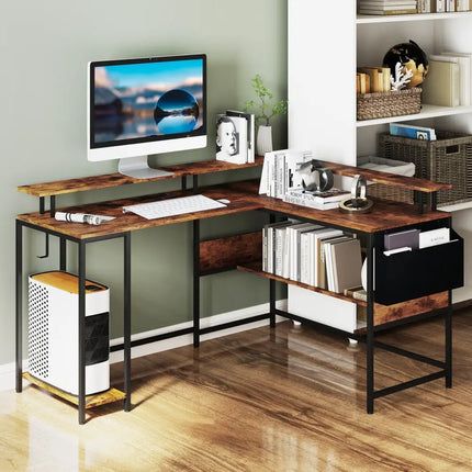 L-Shaped Gaming Desk with LED Lights and Power Outlets Home Office Computer Desk-Rustic Brown - Rustic Brown - L-Shaped