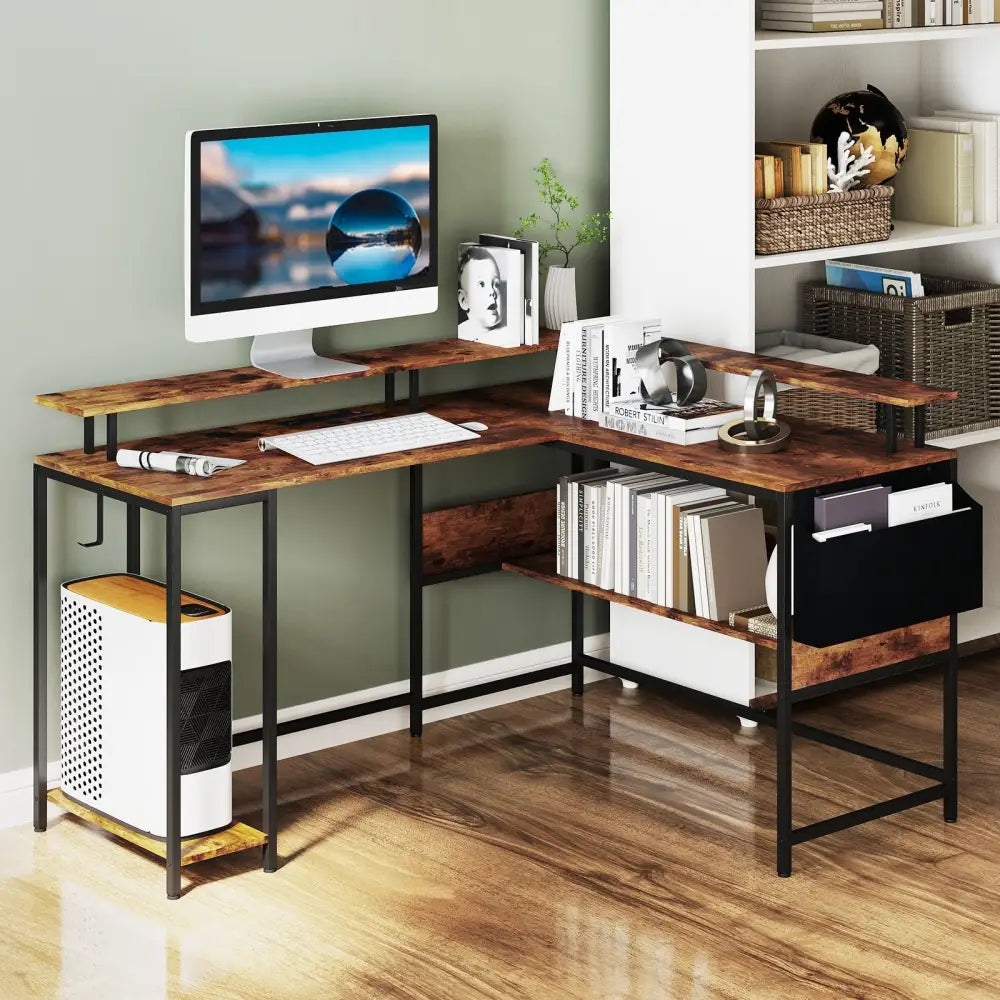 L-Shaped Gaming Desk with LED Lights and Power Outlets Home Office Computer Desk-Rustic Brown - Rustic Brown - L-Shaped