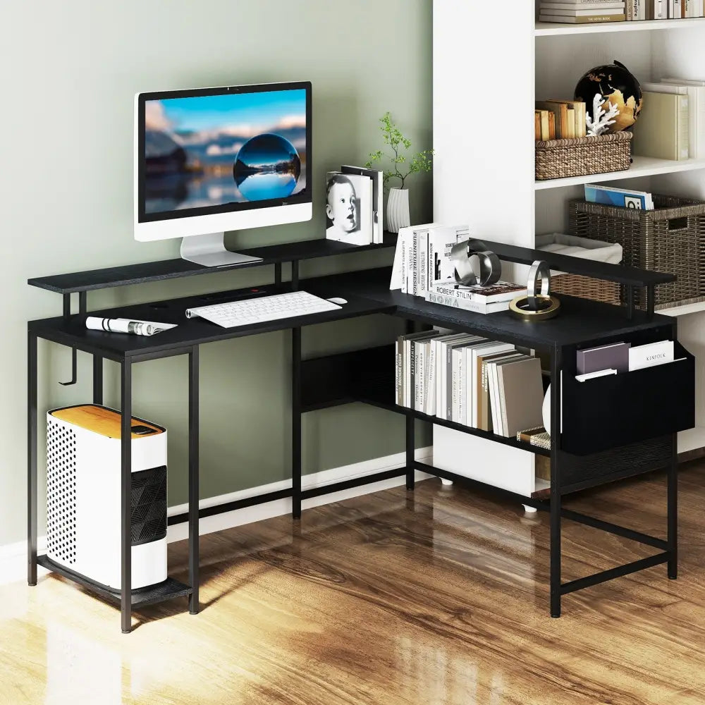 L-Shaped Gaming Desk with LED Lights and Power Outlets Home Office Computer Desk-Black - Black - L-Shaped Desks