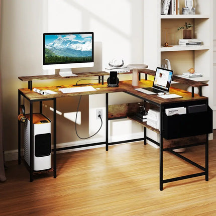 L-Shaped Gaming Desk with LED Lights and Power Outlets Home Office Computer Desk-Rustic Brown - Rustic Brown - L-Shaped