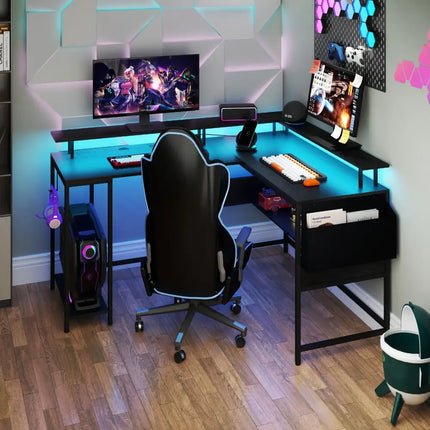L-Shaped Gaming Desk with LED Lights and Power Outlets Home Office Computer Desk-Black - Black - L-Shaped Desks