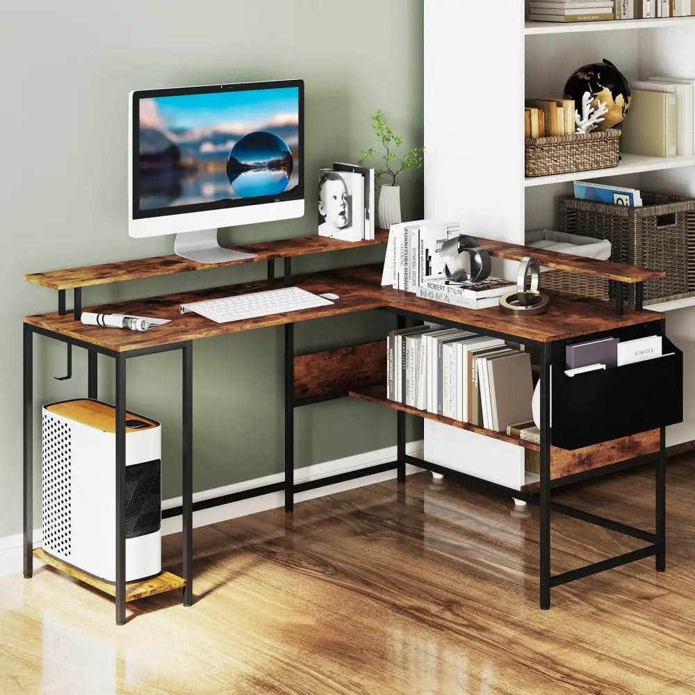 L-Shaped Gaming Desk with LED Lights and Power Outlets Home Office Computer Desk-Rustic Brown - Rustic Brown - L-Shaped