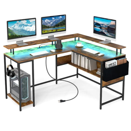 L-Shaped Gaming Desk with LED Lights and Power Outlets Home Office Computer Desk-Rustic Brown - Rustic Brown - L-Shaped