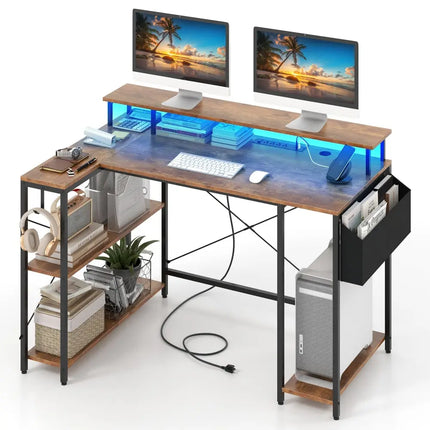 L-Shaped Gaming Desk with LED Lights and Power Outlets-Rustic Brown - Rustic Brown - Computer Desks