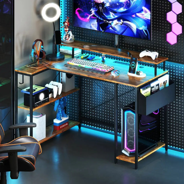 L-Shaped Gaming Desk with LED Lights and Power Outlets-Rustic Brown - Rustic Brown - Computer Desks