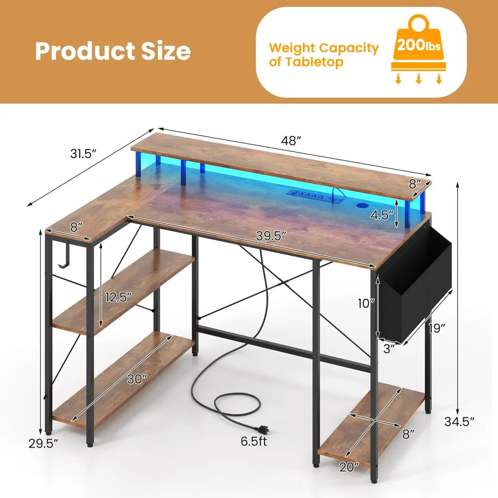 L-Shaped Gaming Desk with LED Lights and Power Outlets-Rustic Brown - Rustic Brown - Computer Desks