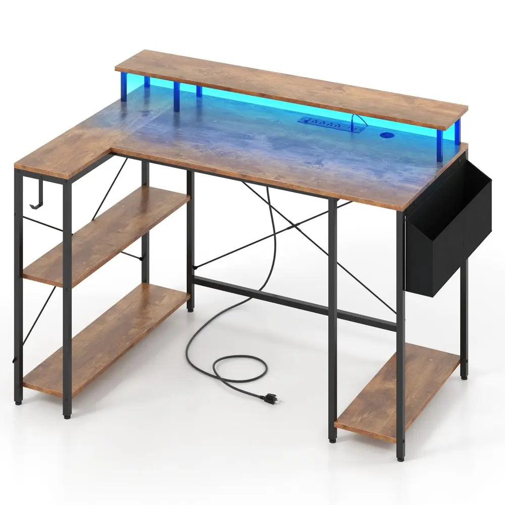 L-Shaped Gaming Desk with LED Lights and Power Outlets-Rustic Brown - Rustic Brown - Computer Desks