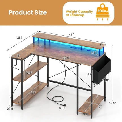 L-Shaped Gaming Desk with LED Lights and Power Outlets-Rustic Brown - Rustic Brown - Computer Desks