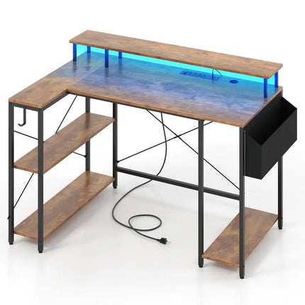 L-Shaped Gaming Desk with LED Lights and Power Outlets-Rustic Brown - Rustic Brown - Computer Desks