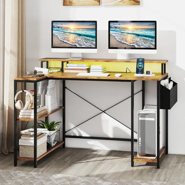 L-Shaped Gaming Desk with LED Lights and Power Outlets-Rustic Brown - Rustic Brown - Computer Desks