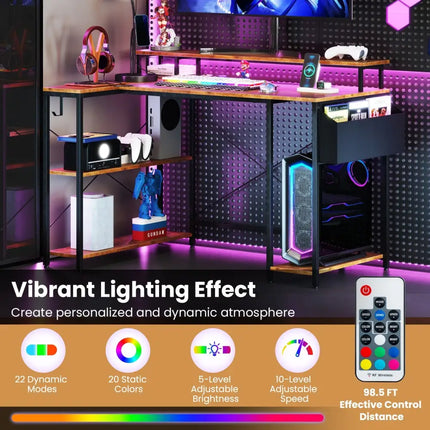 L-Shaped Gaming Desk with LED Lights and Power Outlets-Rustic Brown - Rustic Brown - Computer Desks