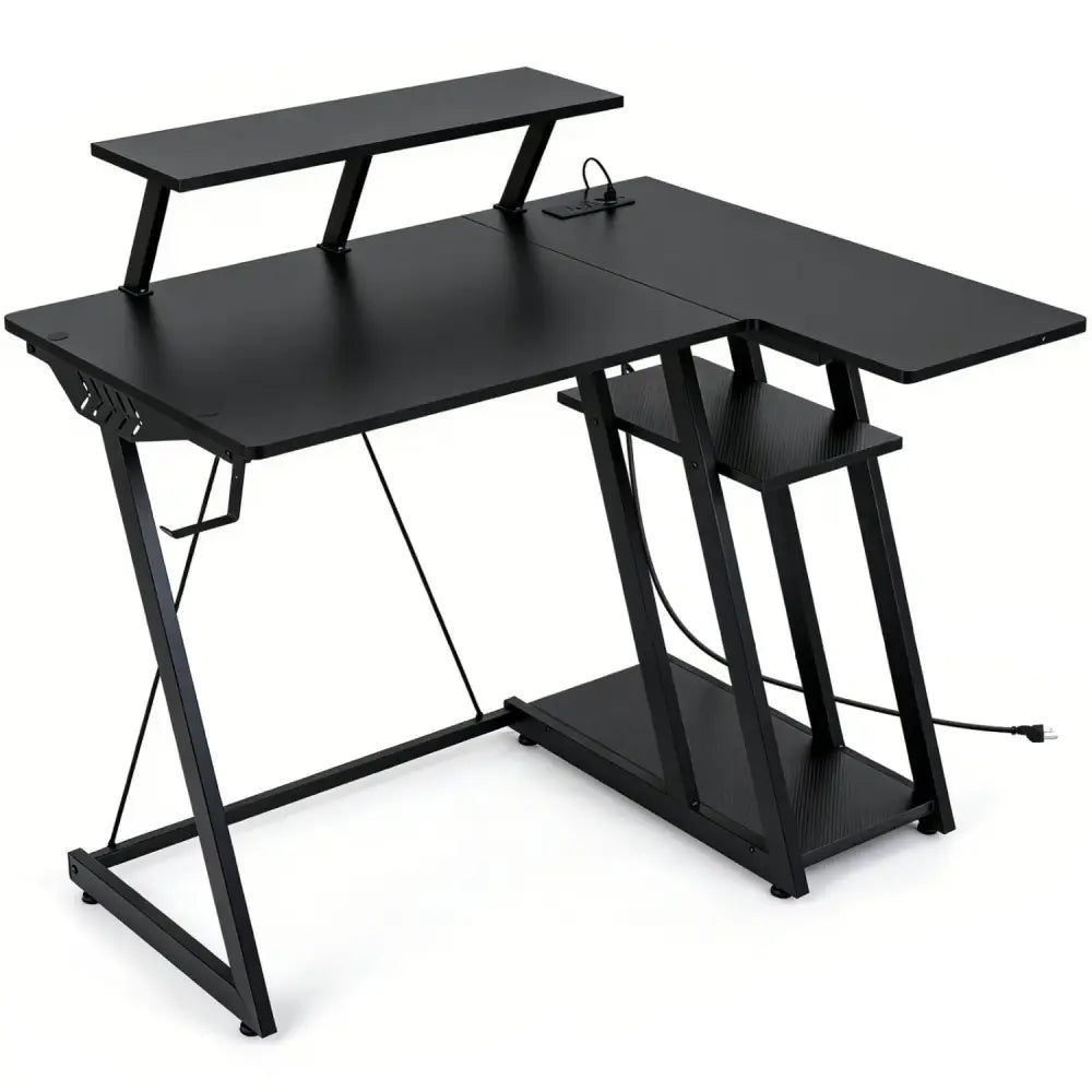 L Shaped Gaming Desk with Outlets and USB Ports-Black - Black - Gaming Desks