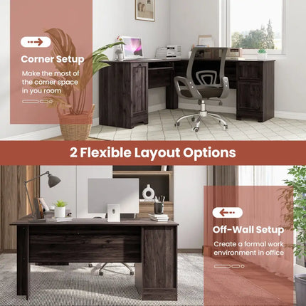 L-Shaped Office Desk with Storage Drawers and Keyboard Tray-Dark Brown - Dark Brown - L-Shaped Desks