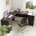 L-Shaped Office Desk with Storage Drawers and Keyboard Tray-Dark Brown - Dark Brown - L-Shaped Desks